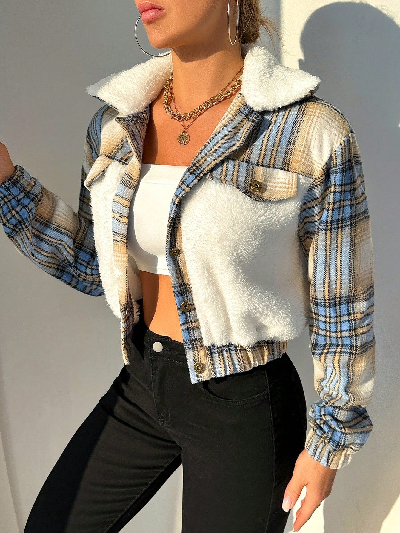 Relaxiva Plaid Print Borg Collar Teddy Jacket – Cozy Chic Women Jackets AMB S  