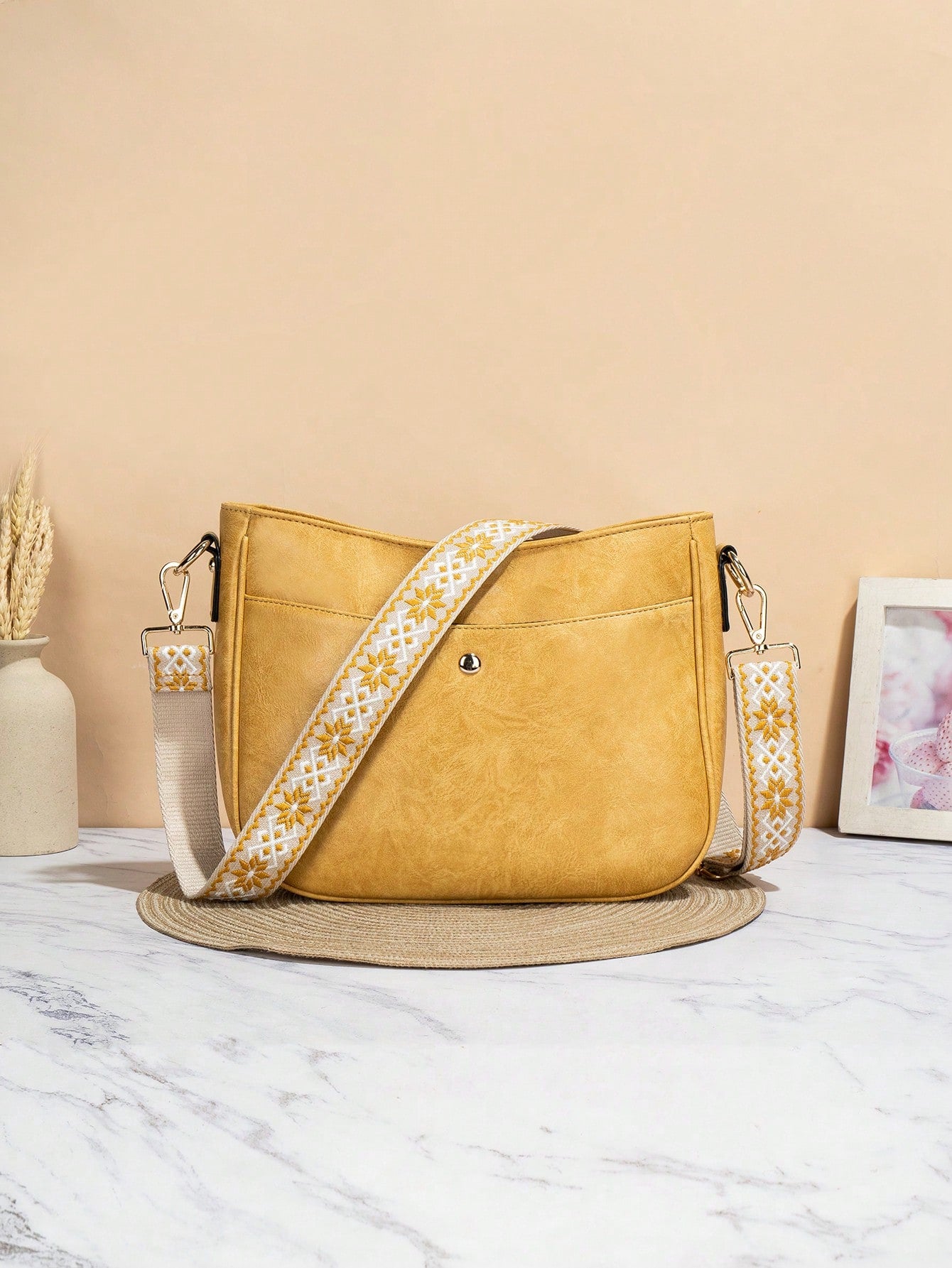 Beautiful Chic Retro Bucket Bag with Embroidered Straps from AMB Boutique