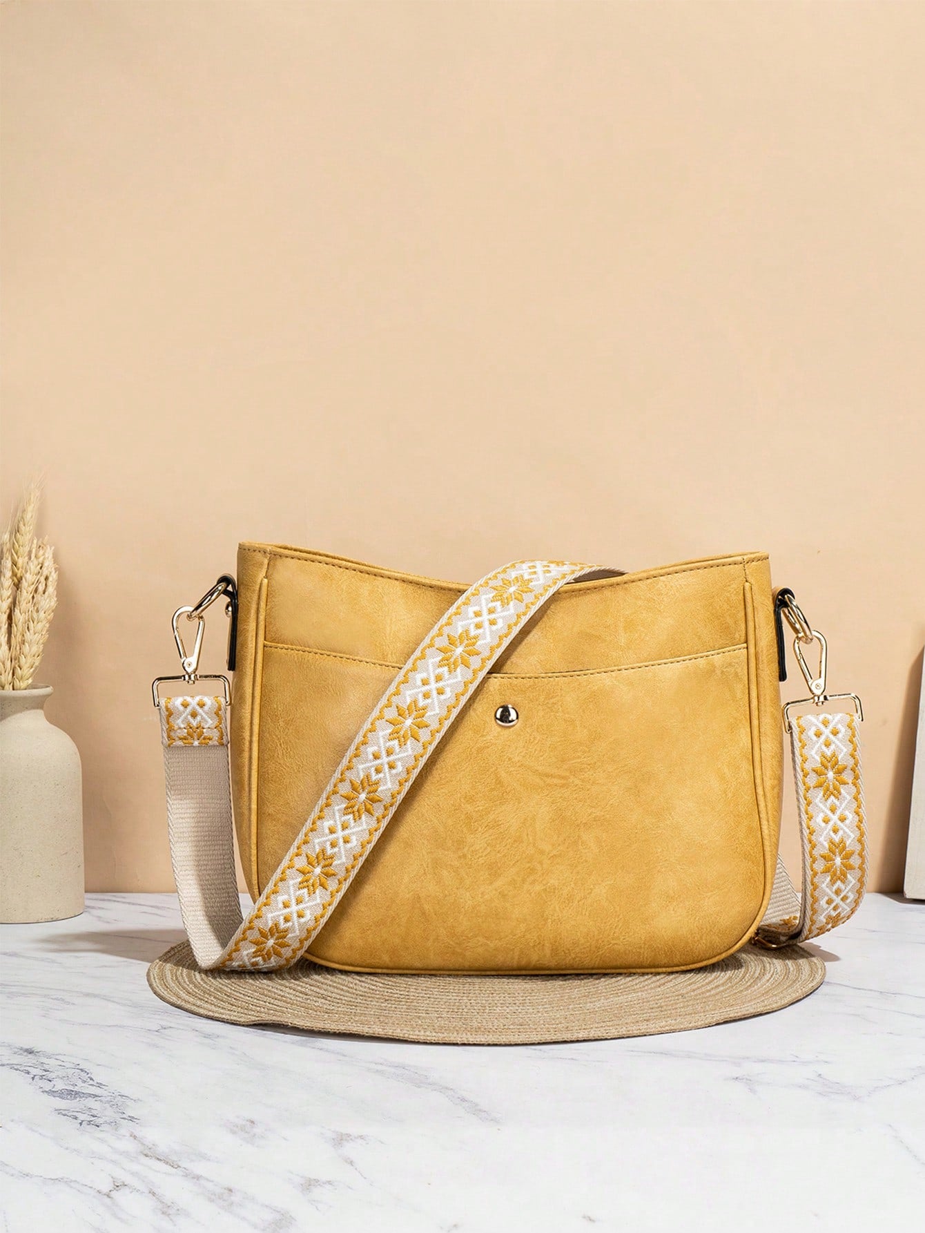 Beautiful Chic Retro Bucket Bag with Embroidered Straps from AMB Boutique