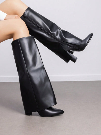 Women's Fold Over Knee High Chunky Heel Boots Women Knee-High Boots AMB   