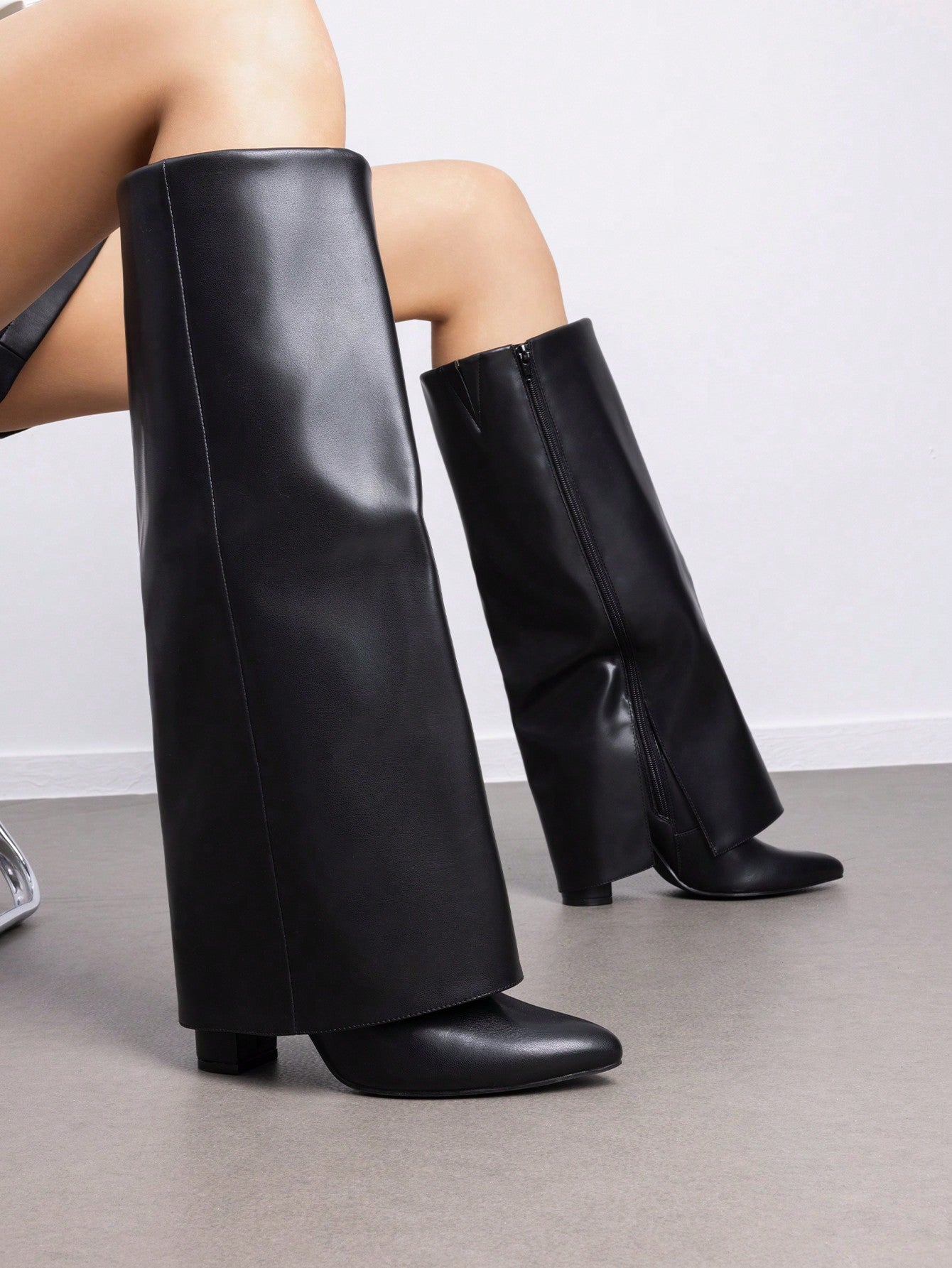 Women's Fold Over Knee High Chunky Heel Boots Women Knee-High Boots AMB   