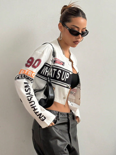 Women's White Colorblock Cropped Motorcycle Jacket – Casual Streetwear Women Lightweight Jackets AMB   