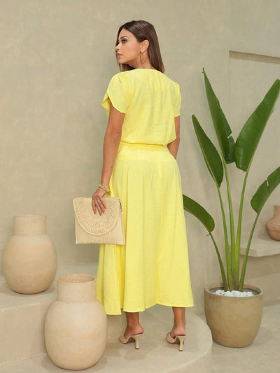 Elegant Yellow Midi Skirt & Blouse Set Elegant Yellow Midi Skirt & Blouse Set AMB   