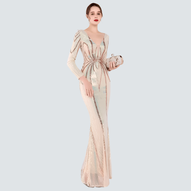 Elegant Long Sleeve Evening Dresses for Women Sexy Long Sleeve Evening Dresses | Luxury Party Gowns AMB BOUTIQUE  Apricot Gray S 