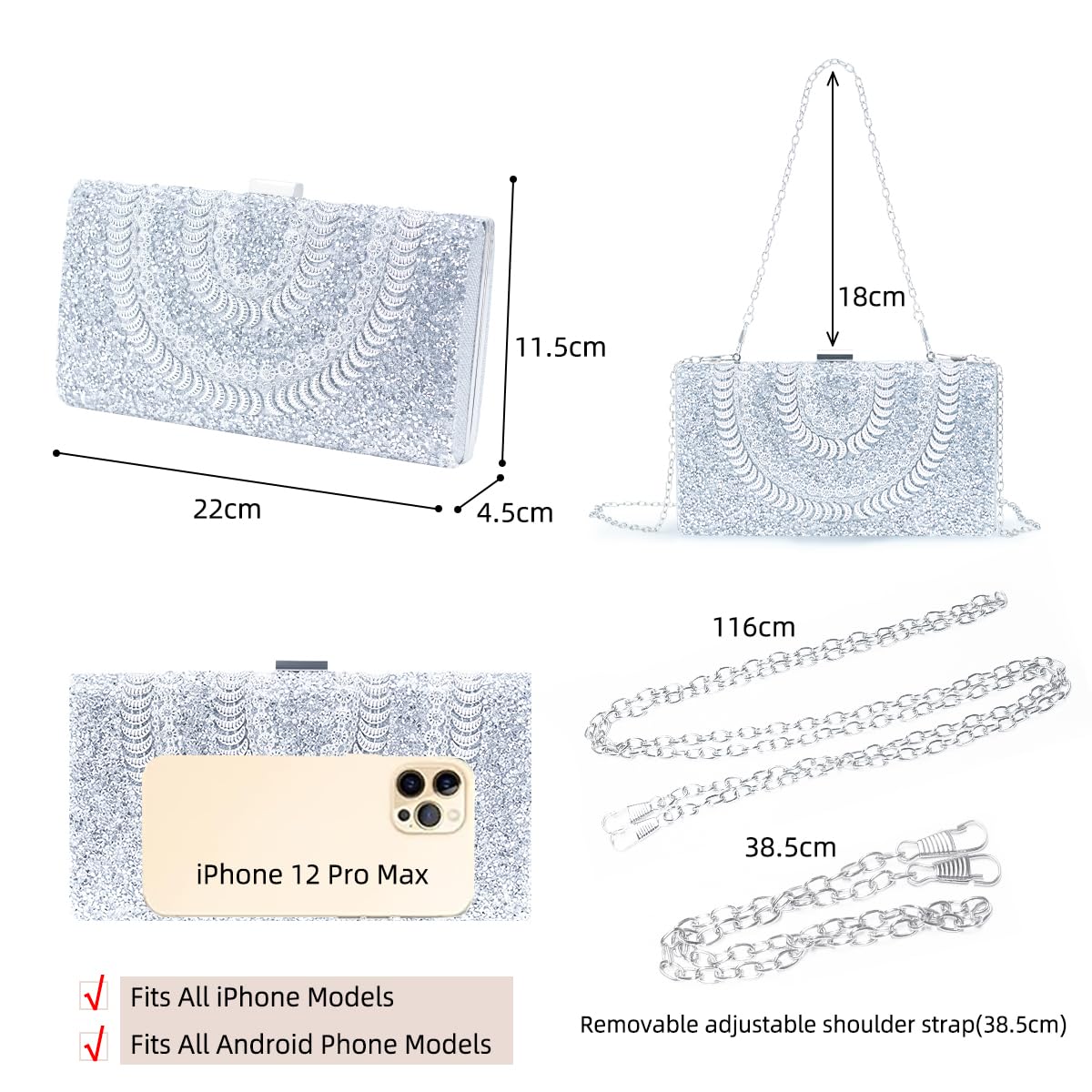 Elegant Silver Clutch with Short & Long Chains Silver Clutch Bag Women's Clutch with 2 Chains, Short and Long Dinner Bag for Weddings, Parties, and Gatherings AMB BOUTIQUE    