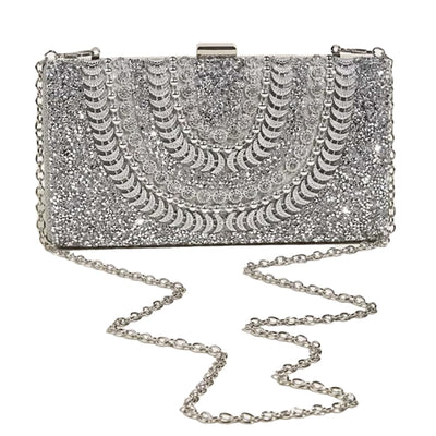 Elegant Silver Clutch with Short & Long Chains Silver Clutch Bag Women's Clutch with 2 Chains, Short and Long Dinner Bag for Weddings, Parties, and Gatherings AMB BOUTIQUE  Silver  