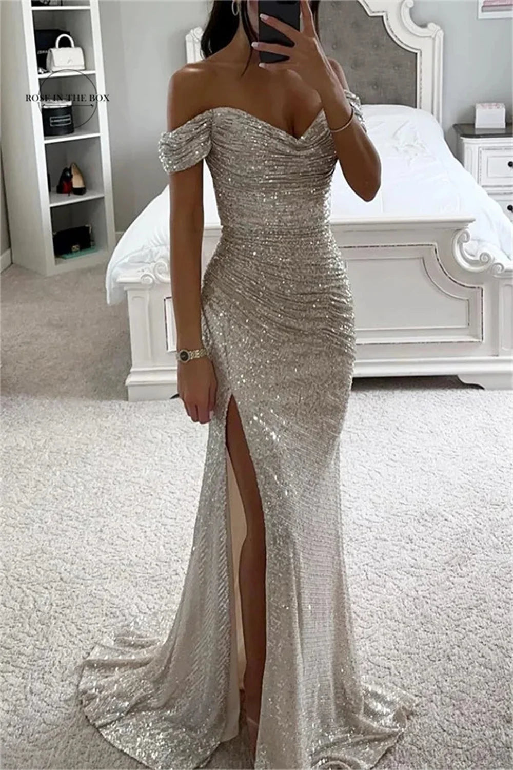 Beautiful Chic Off-Shoulder Sequin Mermaid Maxi Dress from AMB Boutique