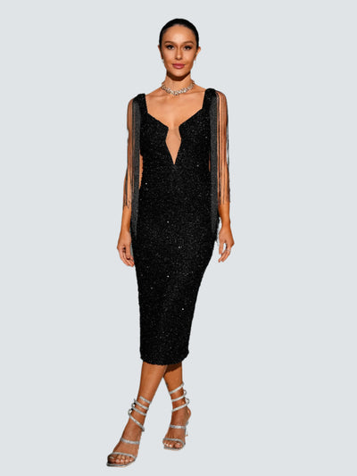 Premium Black Sequin Tassel Party Midi Dress