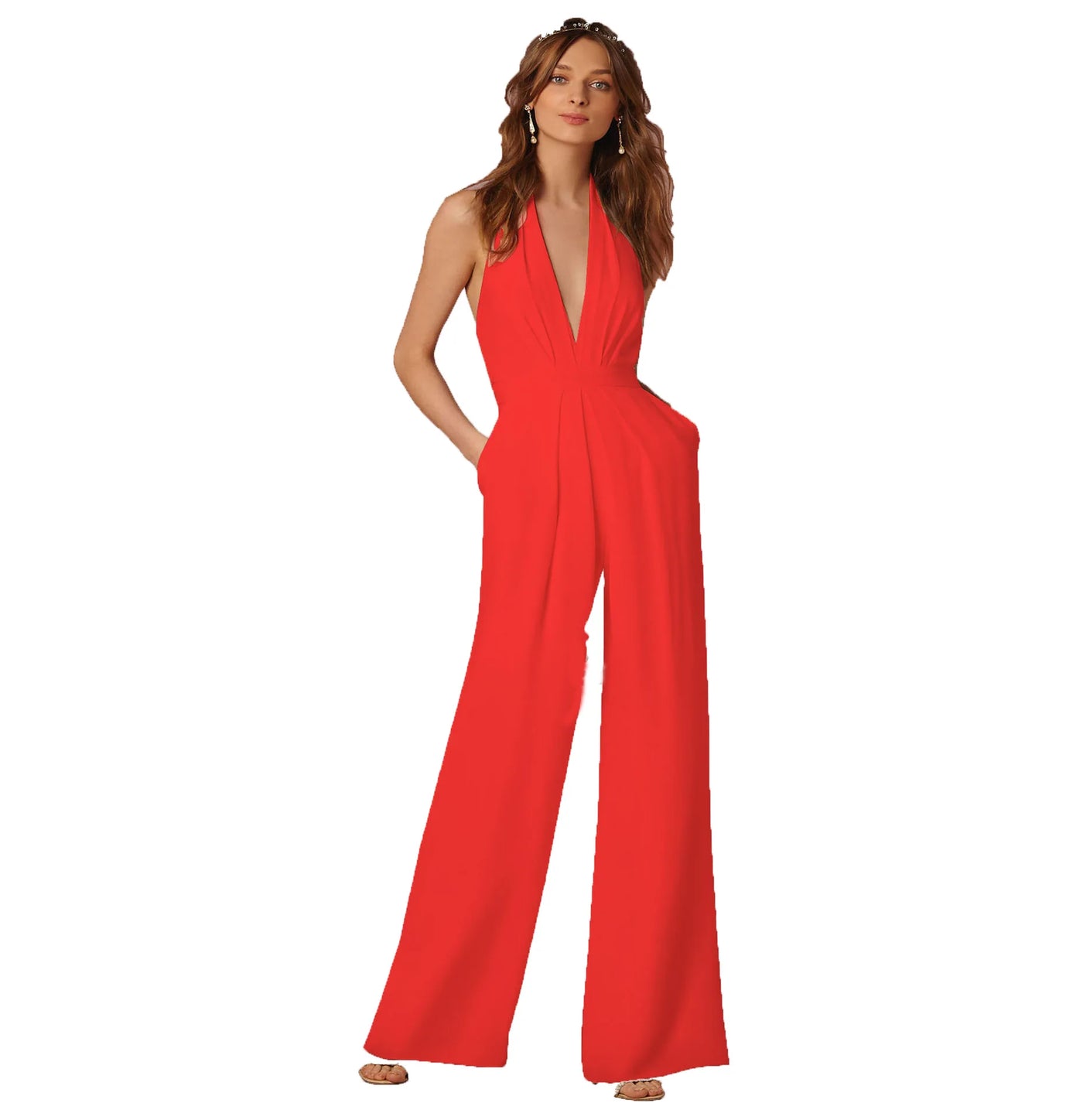 Jumpsuits Women Sexy Playsuits Deep V-neck Sleeveless Halter Neck Backless High Waist Wide Leg Jumpsuit Elegant Party Banquet AMB BOUTIQUE