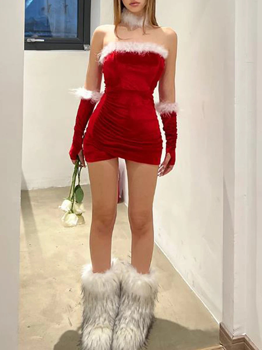 Beautiful Christmas Plush Strapless Cosplay Dress from AMB Boutique