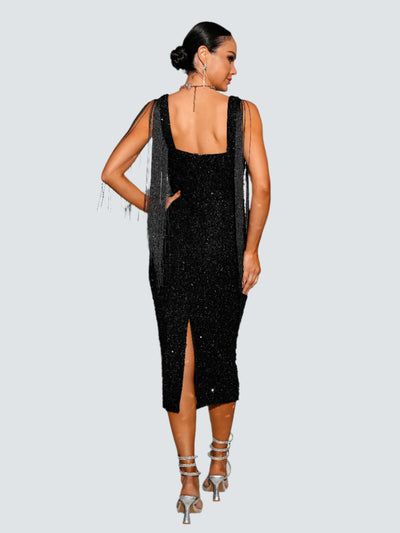 Premium Black Sequin Tassel Party Midi Dress