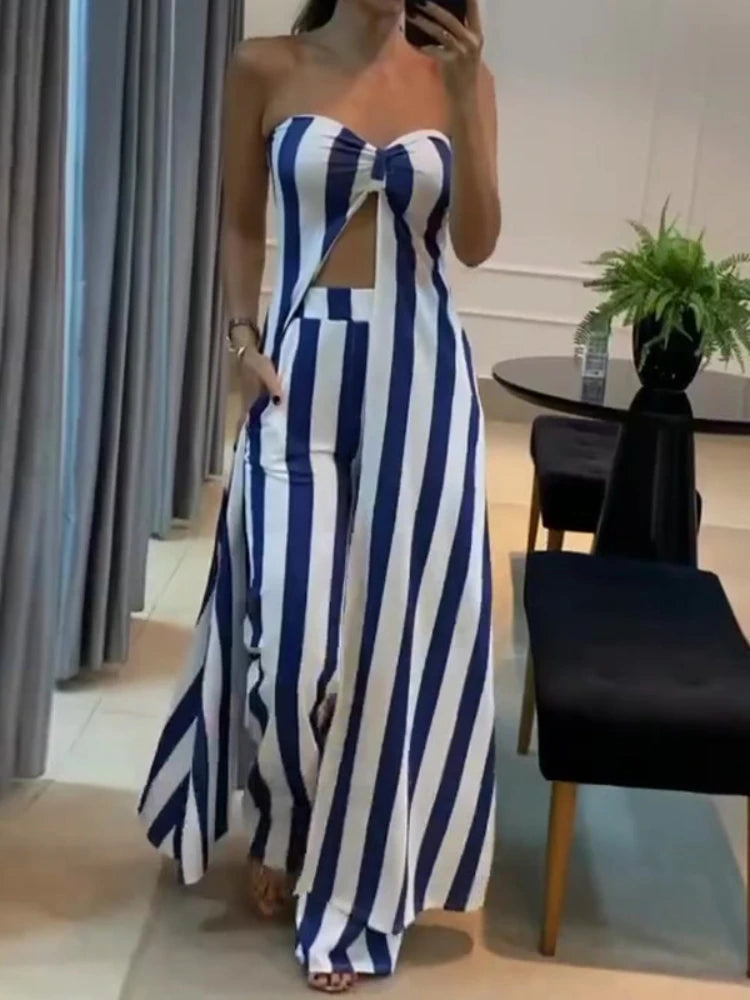 Striped Sleeveless Backless Women’s Two-Piece Set