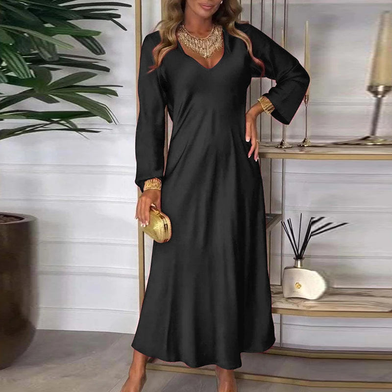 Women's V-neck Long-sleeved Satin Dress