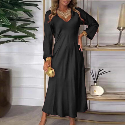 Women's V-neck Long-sleeved Satin Dress