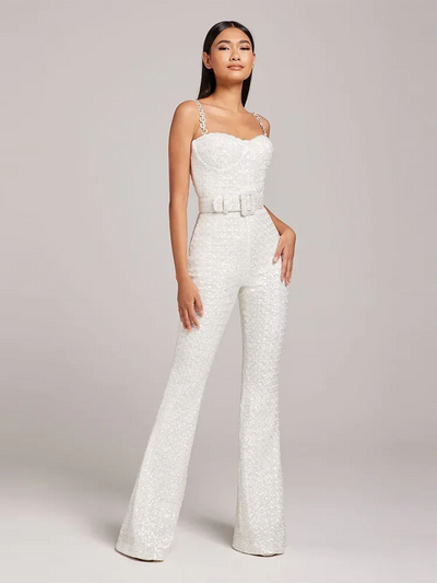 White Sequin Chain Strap Wide Leg Jumpsuit for Women White Sequin Chain Strap Wide Leg Jumpsuit for Women AMB BOUTIQUE  White XS 