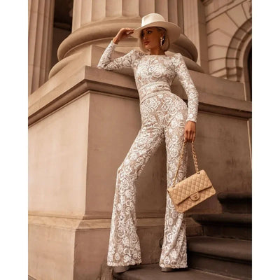 Sexy Long Sleeve O Neck High Waist Belt Hollow Out Embroidery Flare Pants Onepieces Elegant Women Lace Corset Jumpsuit Romper AMB BOUTIQUE