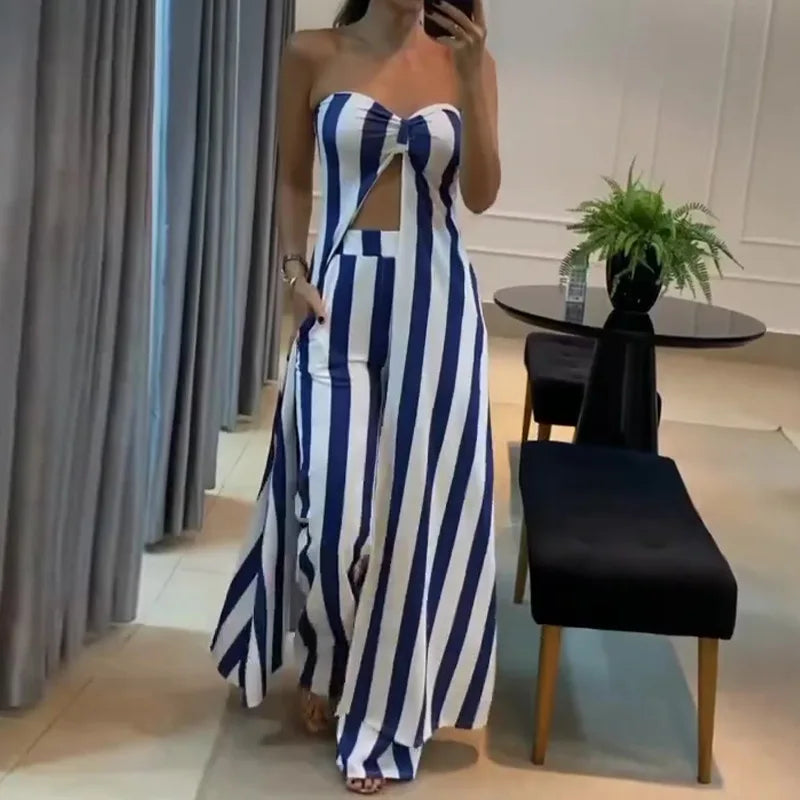 Striped Sleeveless Backless Women’s Two-Piece Set