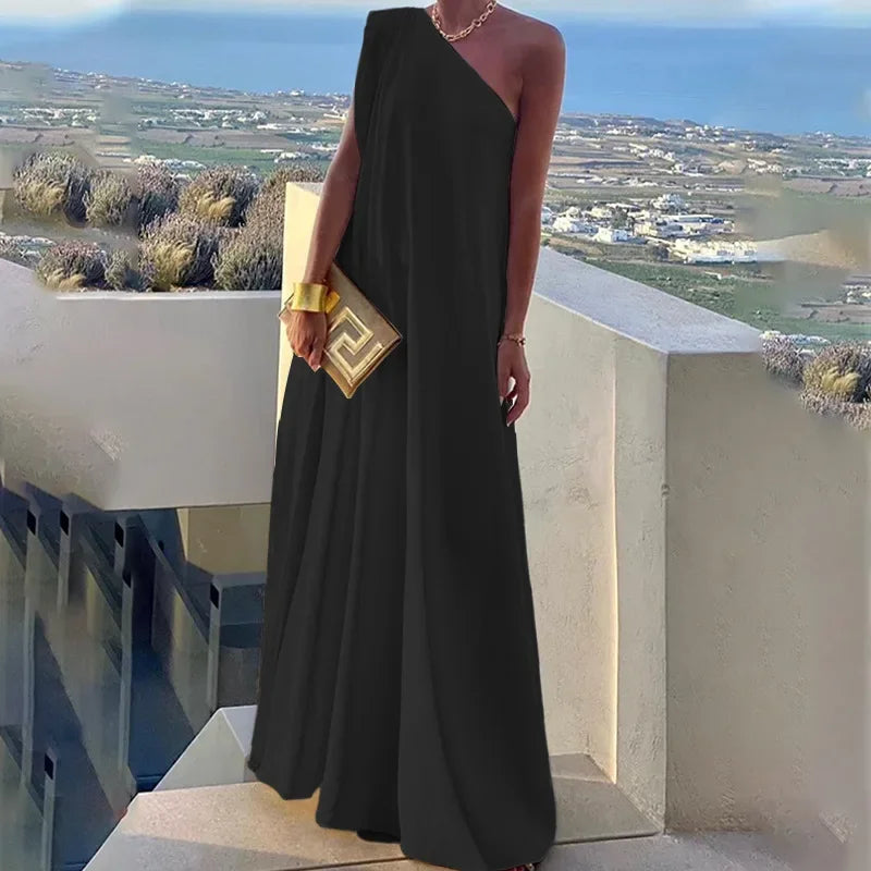 One Shoulder Solid Color Sleeveless Banquet Gown Dress Elegant One Shoulder Sleeveless Banquet Gown for Women AMB BOUTIQUE  Black S 