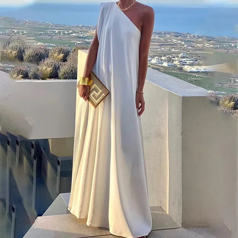 One Shoulder Solid Color Sleeveless Banquet Gown Dress Elegant One Shoulder Sleeveless Banquet Gown for Women AMB BOUTIQUE  White S 