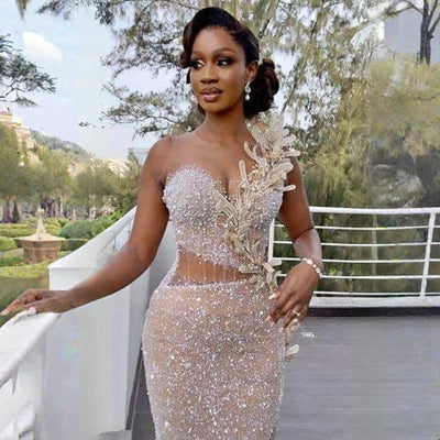 Illusion High-Slit Sequined Mermaid Prom Gown