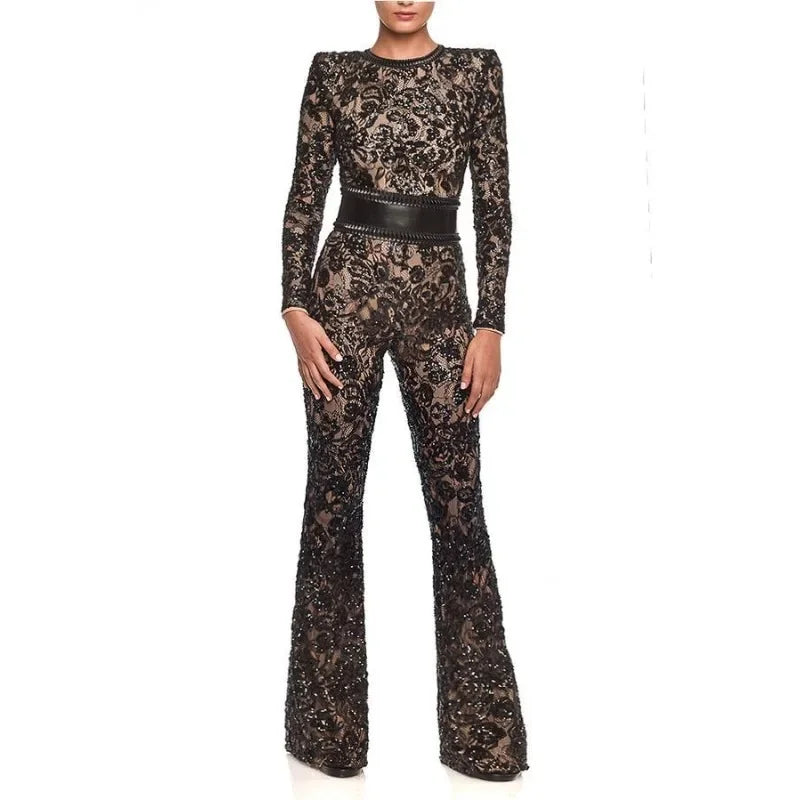 Sexy Long Sleeve O Neck High Waist Belt Hollow Out Embroidery Flare Pants Onepieces Elegant Women Lace Corset Jumpsuit Romper AMB BOUTIQUE black XL