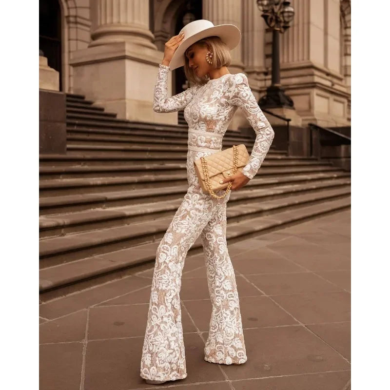 Sexy Long Sleeve O Neck High Waist Belt Hollow Out Embroidery Flare Pants Onepieces Elegant Women Lace Corset Jumpsuit Romper AMB BOUTIQUE