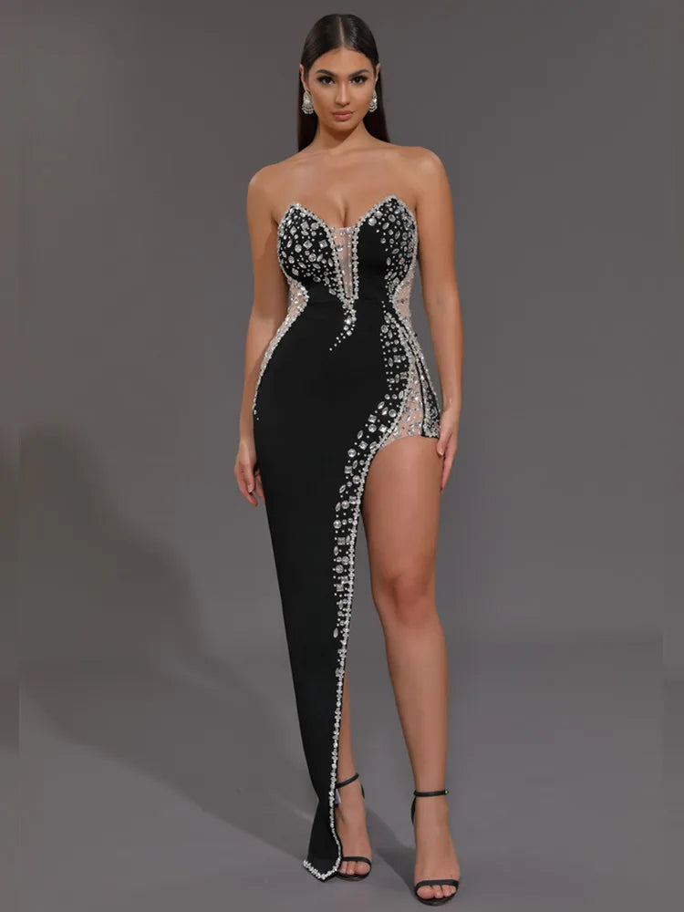 Premium Black Strapless Beaded Bodycon Maxi Dress