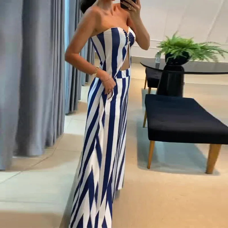 Striped Sleeveless Backless Women’s Two-Piece Set