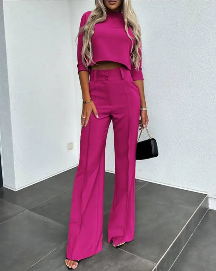 Casual Long Sleeve Office Lady Two Piece Set Casual Long Sleeve Office Lady Two Piece Set AMB BOUTIQUE  Rose Red L 