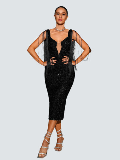 Premium Black Sequin Tassel Party Midi Dress