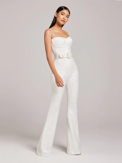 White Sequin Chain Strap Wide Leg Jumpsuit for Women White Sequin Chain Strap Wide Leg Jumpsuit for Women AMB BOUTIQUE    