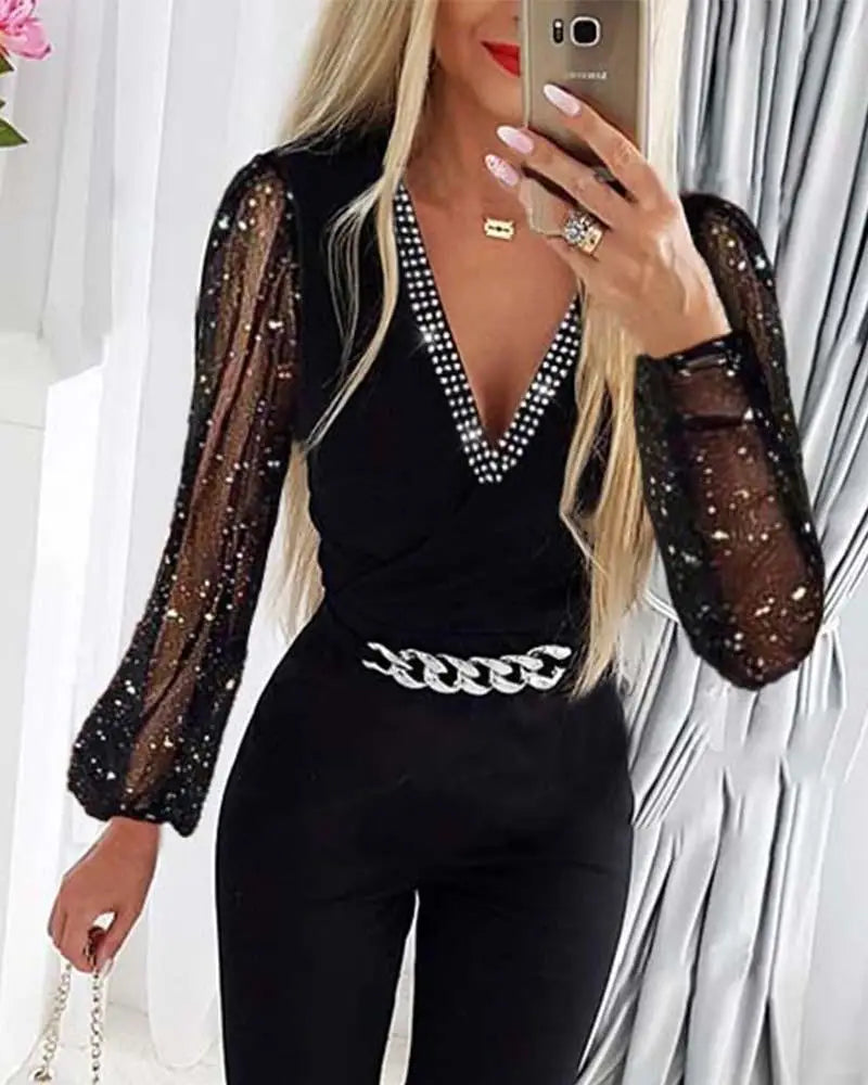 GlitterGlam Mesh Rhinestone Jumpsuit