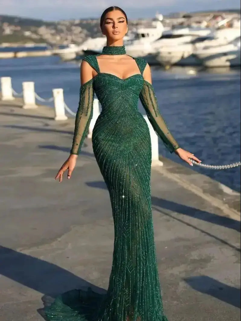 Dark Green Beaded Off-Shoulder Mermaid Ball Gown Dark Green Beaded Off-Shoulder Mermaid Ball Gown AMB BOUTIQUE    