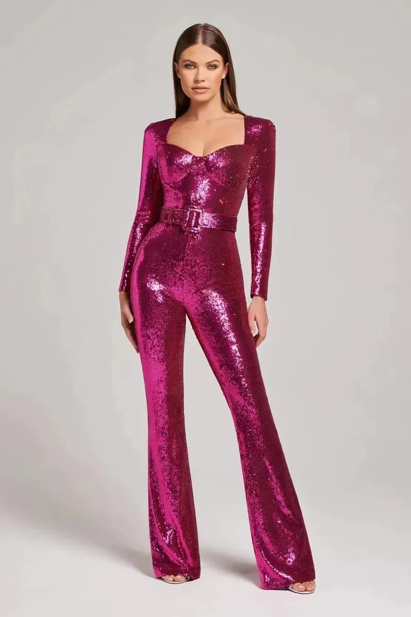 Sexy Sequins Women's Jumpsuit 2024 Autumn Winter Glitter Slim Long Sleeve Female Bodysuit Party Club Flare Pants Ladies Rompers AMB BOUTIQUE Rose Red XXL