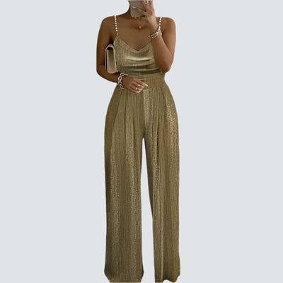 2023 Women Beaded Strap Metallic Wide Leg Jumpsuits AMB BOUTIQUE