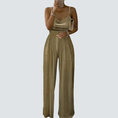 2023 Women Beaded Strap Metallic Wide Leg Jumpsuits AMB BOUTIQUE