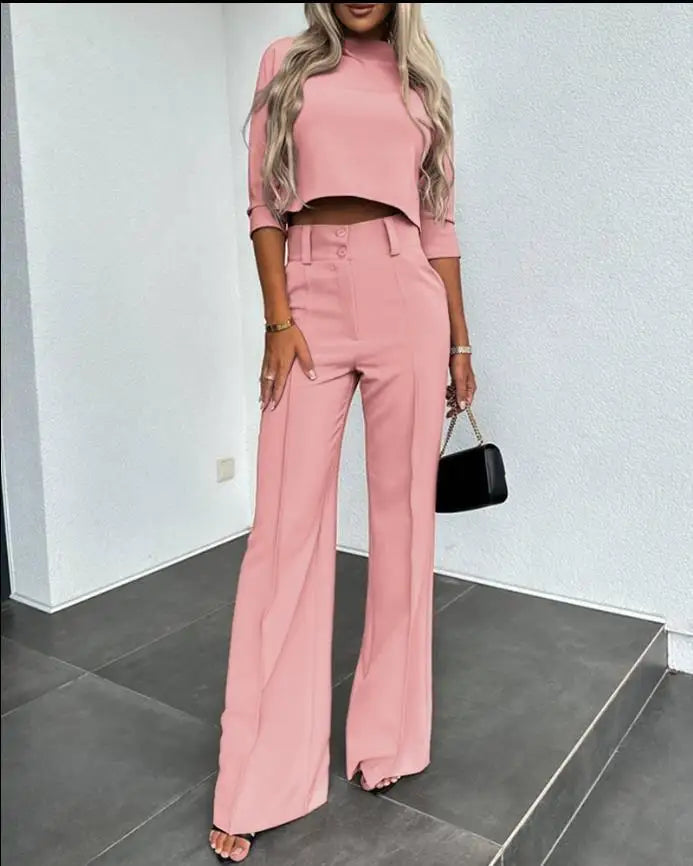 Casual Long Sleeve Office Lady Two Piece Set Casual Long Sleeve Office Lady Two Piece Set AMB BOUTIQUE  Pink S 