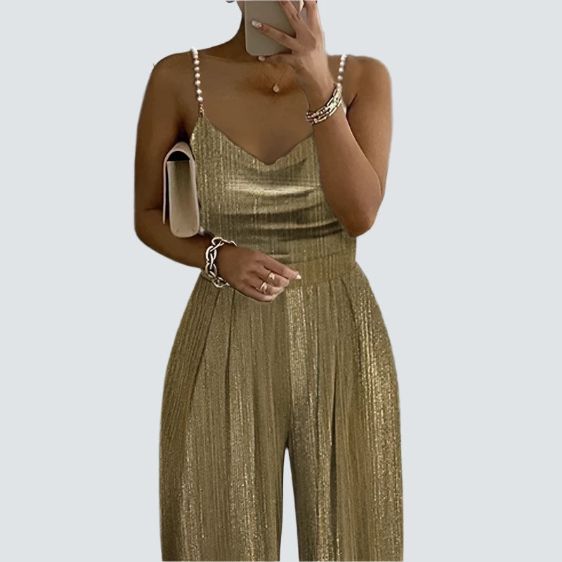 2023 Women Beaded Strap Metallic Wide Leg Jumpsuits AMB BOUTIQUE