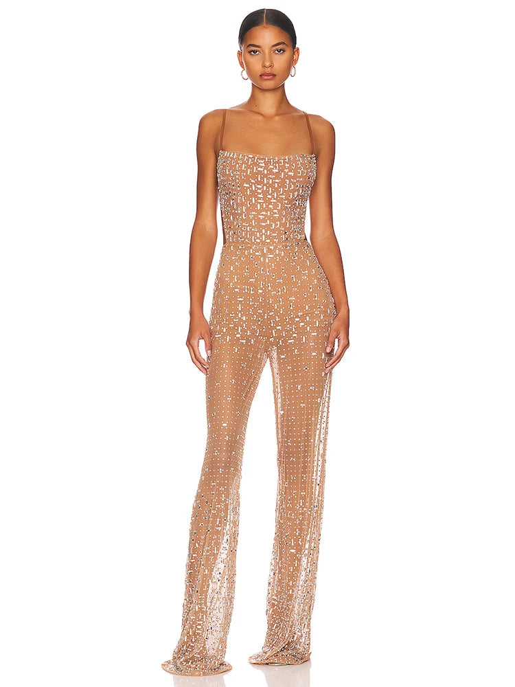 LuxeGlow Mesh Crystal Jumpsuit