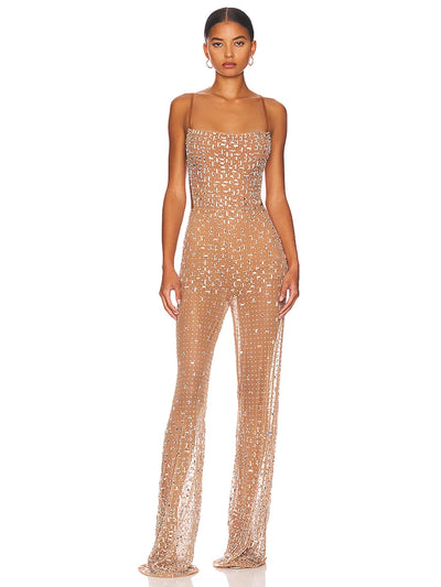 LuxeGlow Mesh Crystal Jumpsuit