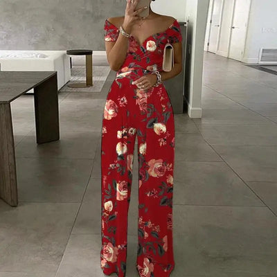 Elegant One Shoulder Floral Jumpsuit for Women - Slim Bodycon Party Outfit Elegant One Shoulder Floral Jumpsuit for Women - Slim Bodycon Party Outfit AMB BOUTIQUE  RED S 