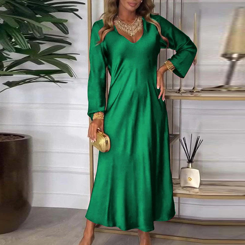 Women's V-neck Long-sleeved Satin Dress