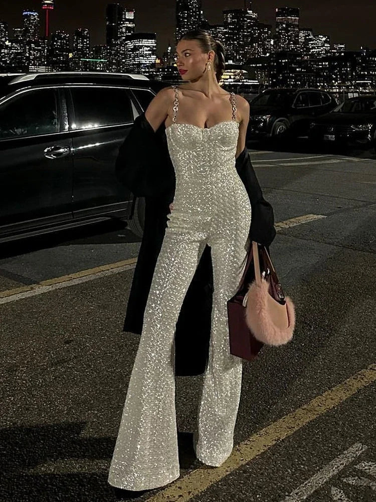 White Sequin Chain Strap Wide Leg Jumpsuit for Women White Sequin Chain Strap Wide Leg Jumpsuit for Women AMB BOUTIQUE    