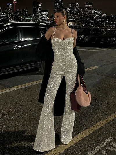 White Sequin Chain Strap Wide Leg Jumpsuit for Women White Sequin Chain Strap Wide Leg Jumpsuit for Women AMB BOUTIQUE    