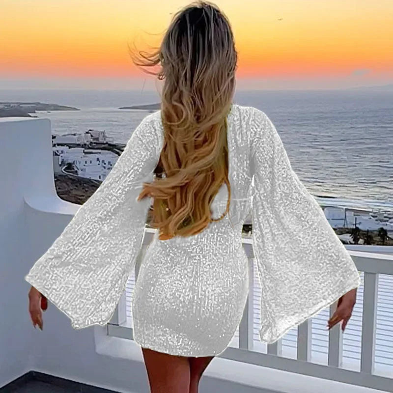 Luxury Sequin Mini Dress with Flare Sleeves Sexy Flare Sleeve Sequin Mini Dress for Parties AMB BOUTIQUE    