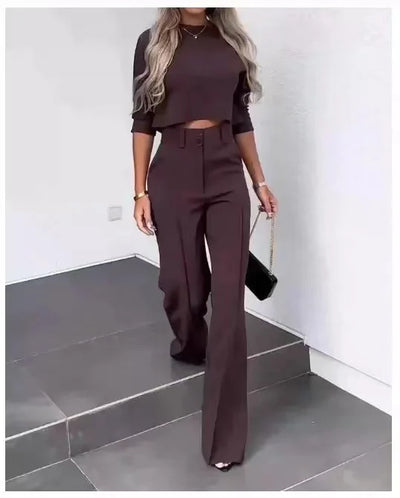 Casual Long Sleeve Office Lady Two Piece Set Casual Long Sleeve Office Lady Two Piece Set AMB BOUTIQUE  Light Brown S 