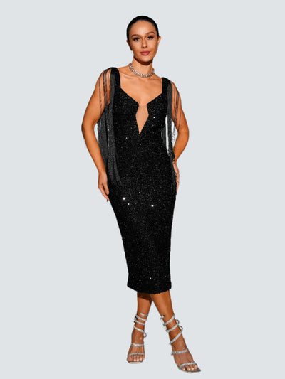 Premium Black Sequin Tassel Party Midi Dress