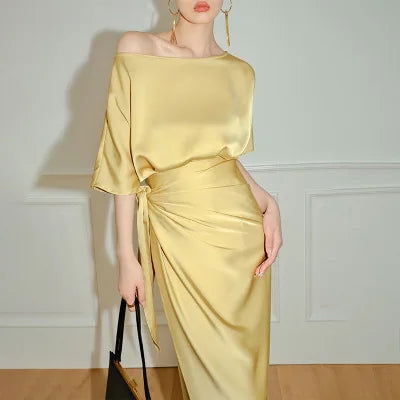 Satin Dress Satin Dress AMB BOUTIQUE Yellow L 