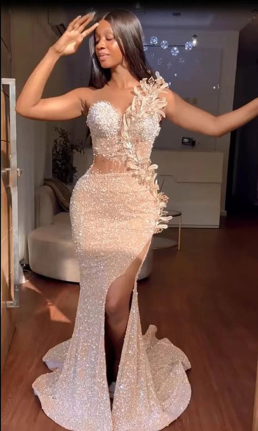 Illusion High-Slit Sequined Mermaid Prom Gown