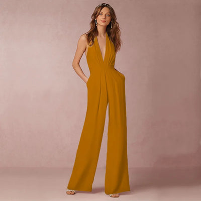 Jumpsuits Women Sexy Playsuits Deep V-neck Sleeveless Halter Neck Backless High Waist Wide Leg Jumpsuit Elegant Party Banquet AMB BOUTIQUE Yellow Orange M